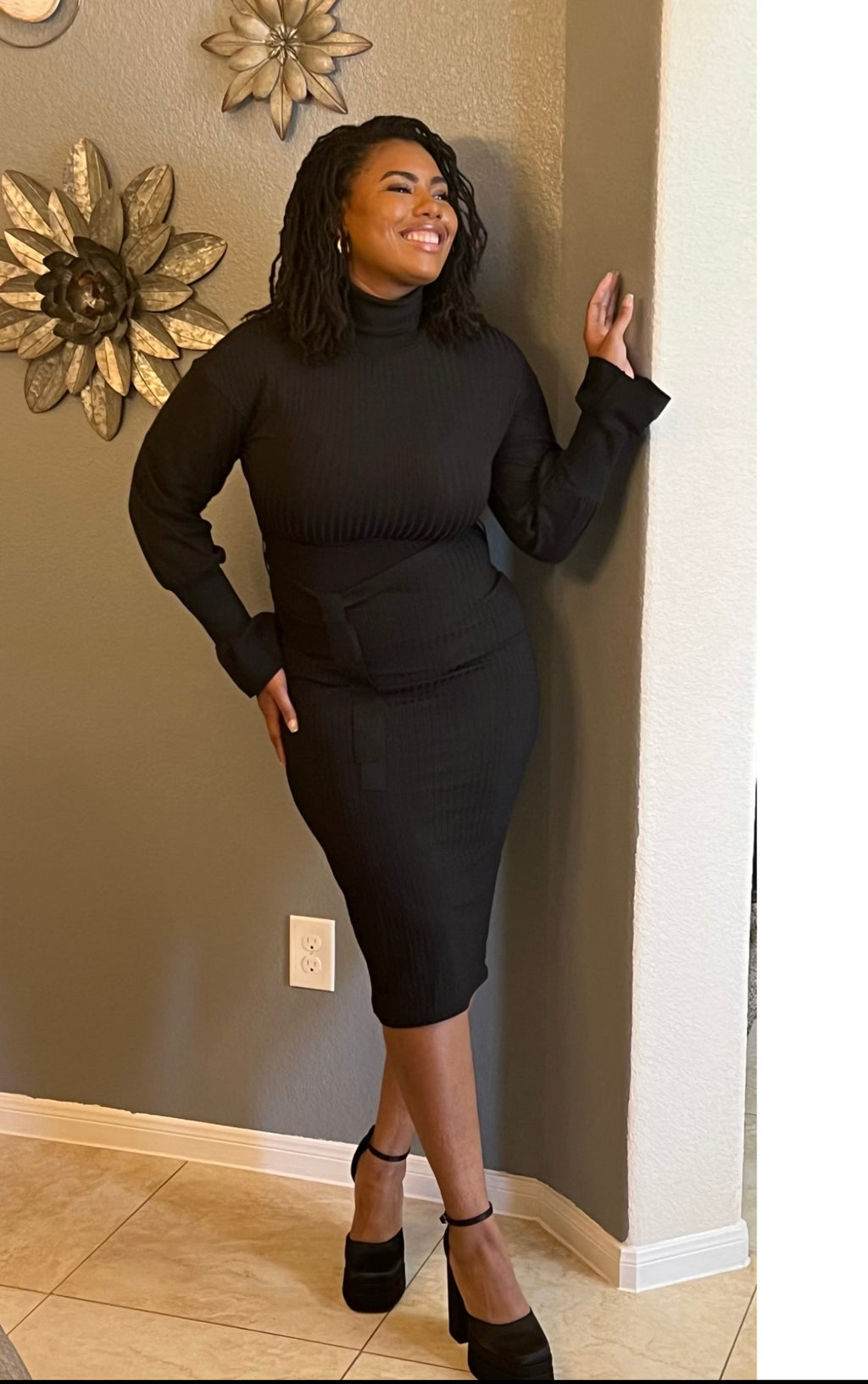 Black Mock Neck Midi Dress