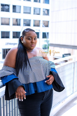 Off Shoulder Ruffle Top (Denim Look)